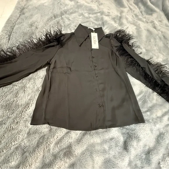 Black Feather Trim Button-Up Shirt - Picture 2 of 6